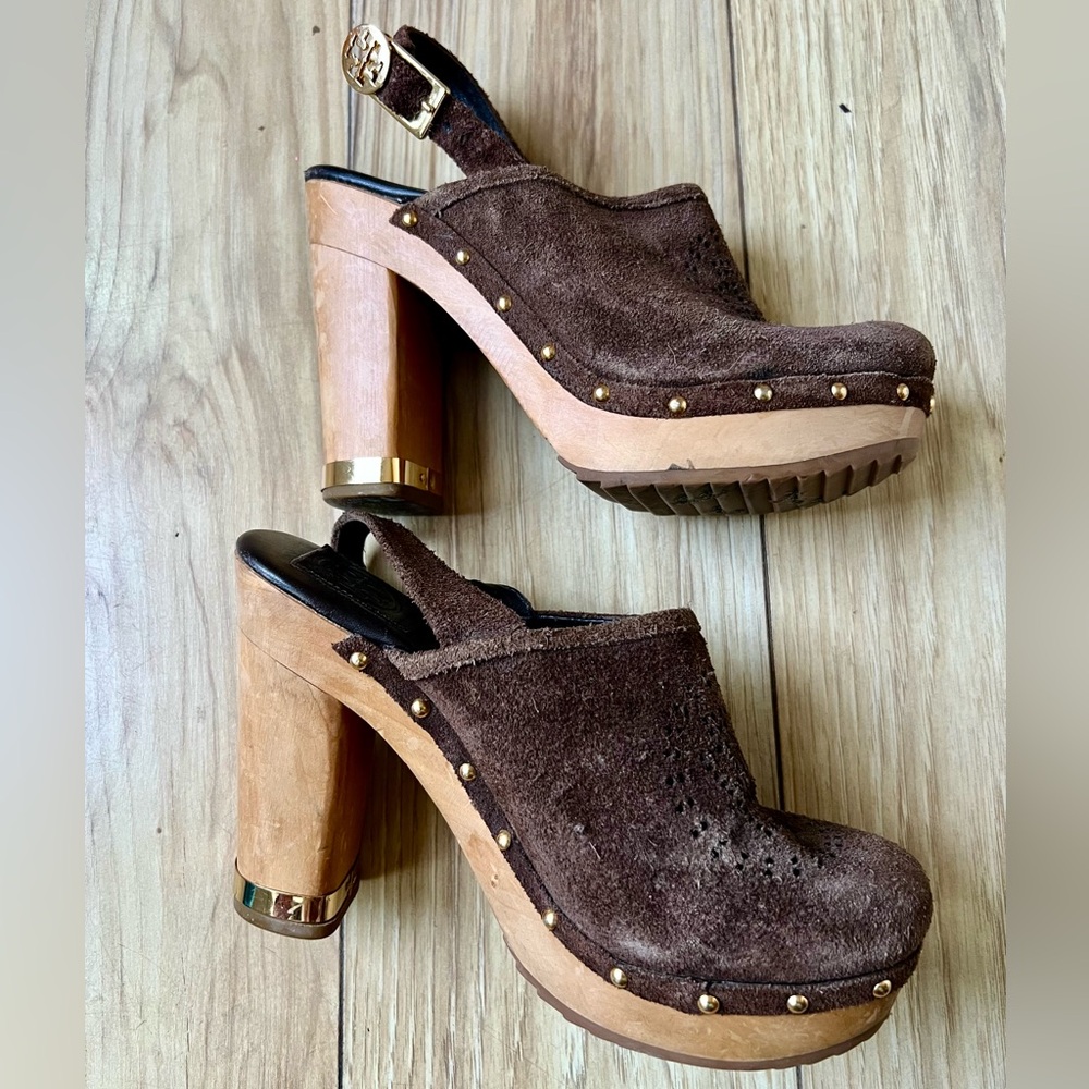 Tory Burch Brown Suede Mules with Wooden Heel